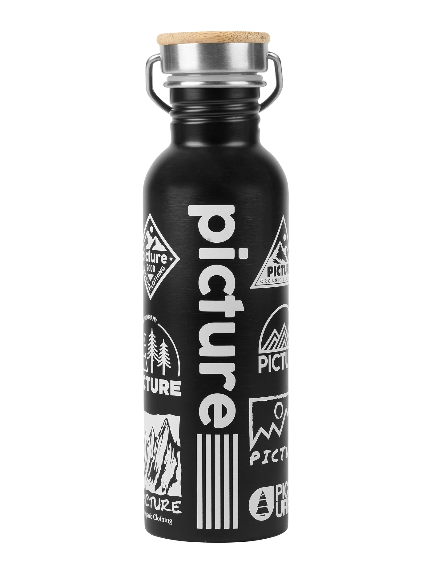 Picture Organicin Hampton juomapullo mustana valkoisilla kuvioilla toiselta puolelta kuvattuna