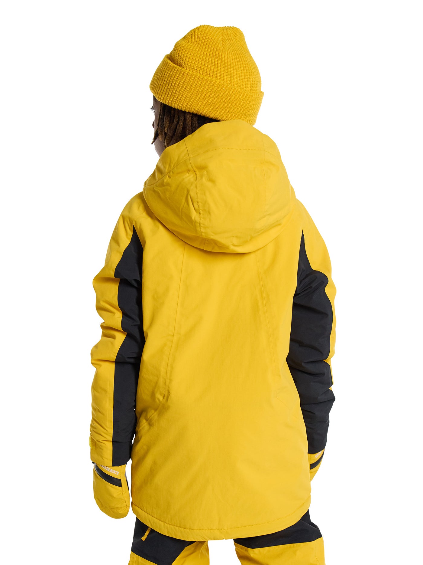 Burton lasten Hillslope laskettelu- ja lumilautailutakki värissä Goldenrod / True Black lapsen päällä lähikuvassa takaa kuvattuna