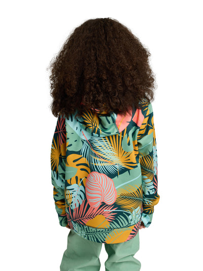 Burtonin lasten Oak-huppari Oversized Tropical kuosissa lapsen päällä takaa kuvattuna