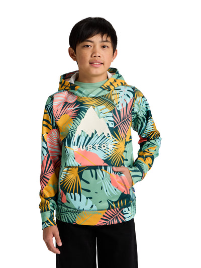 Burtonin lasten Oak-huppari Oversized Tropical kuosissa pojan päällä lähikuvassa