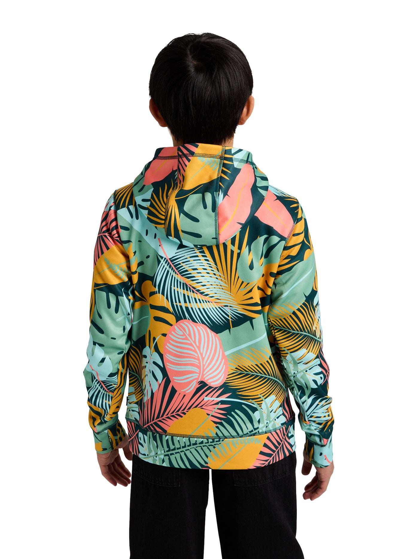 Burtonin lasten Oak-huppari Oversized Tropical kuosissa pojan päällä takaa kuvattuna