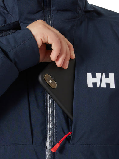 Helly Hansenin lasten ja nuorten Alpha-laskettelutakki tummansinisessä sävyssä lähikuvassa povitasku