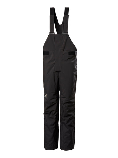 Helly Hansenin mustat lasten ja nuorten korkeavyötäröiset Bib pants -lasketteluhousut edestä kuvattuna.