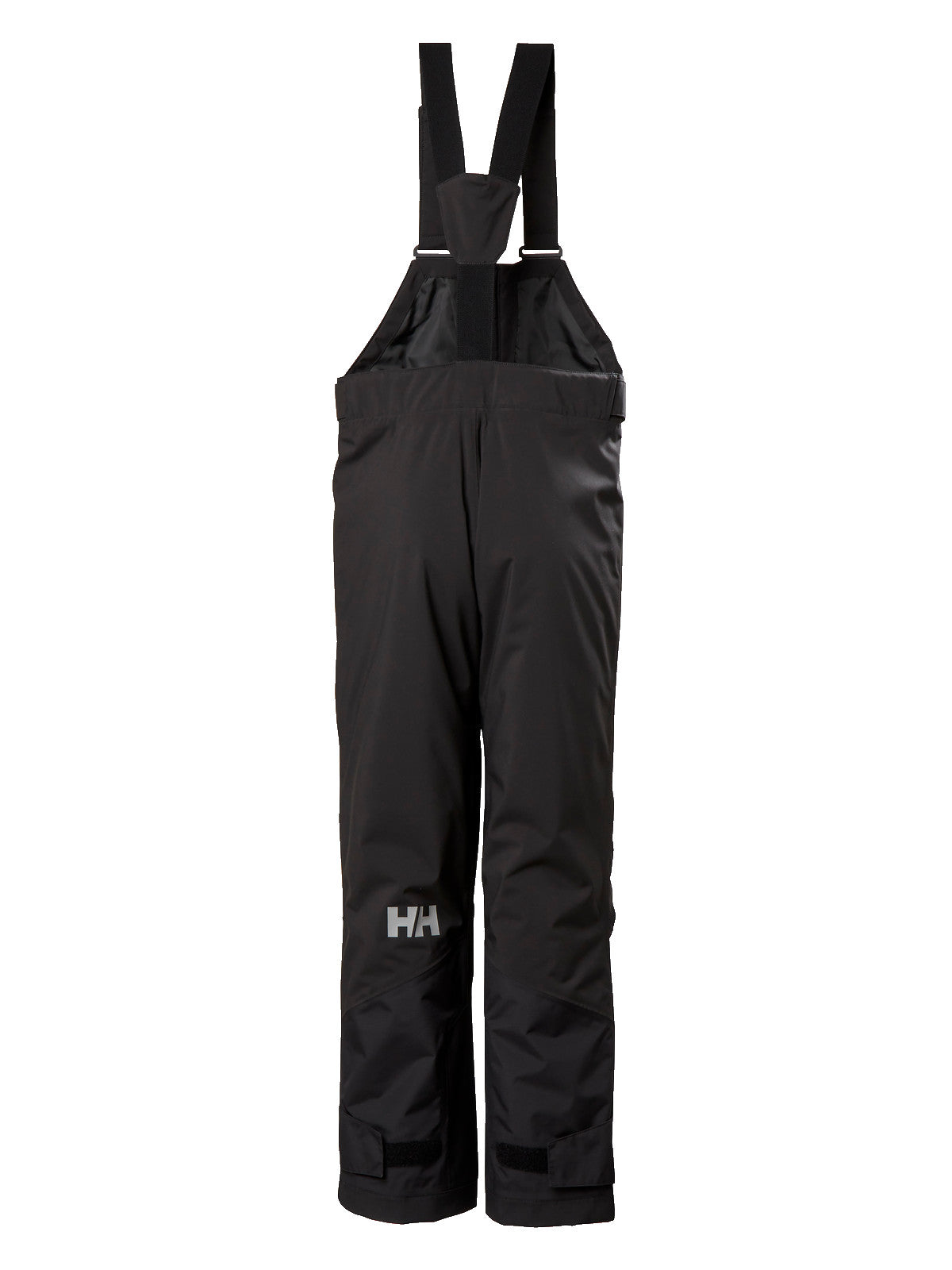 Helly Hansenin mustat lasten ja nuorten korkeavyötäröiset Bib pants -lasketteluhousut takaa kuvattuna.