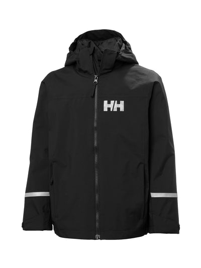 Helly Hansenin musta Jr Shelter HT Jacket, lasten  ja nuorten välikausitakki, kuva edestä 