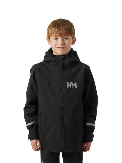 Helly Hansenin musta Jr Shelter HT Jacket, lasten  ja nuorten välikausitakki, kuva lapsen päällä edestä