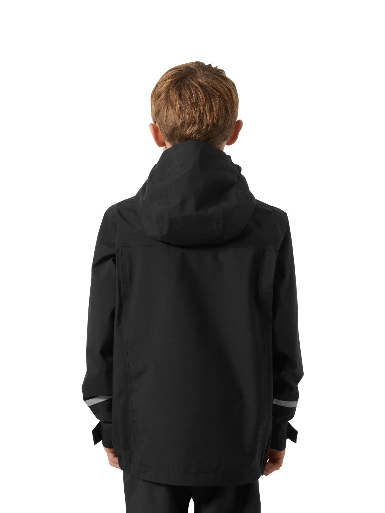 Helly Hansenin musta Jr Shelter HT Jacket, lasten  ja nuorten välikausitakki, kuva lapsen päällä takaa