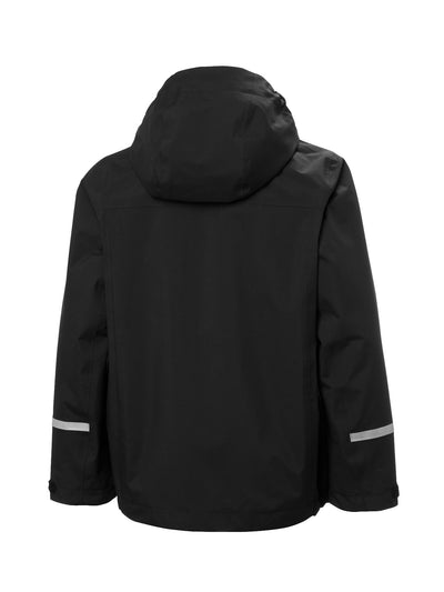 Helly Hansenin musta Jr Shelter HT Jacket, lasten  ja nuorten välikausitakki, kuva takaa
