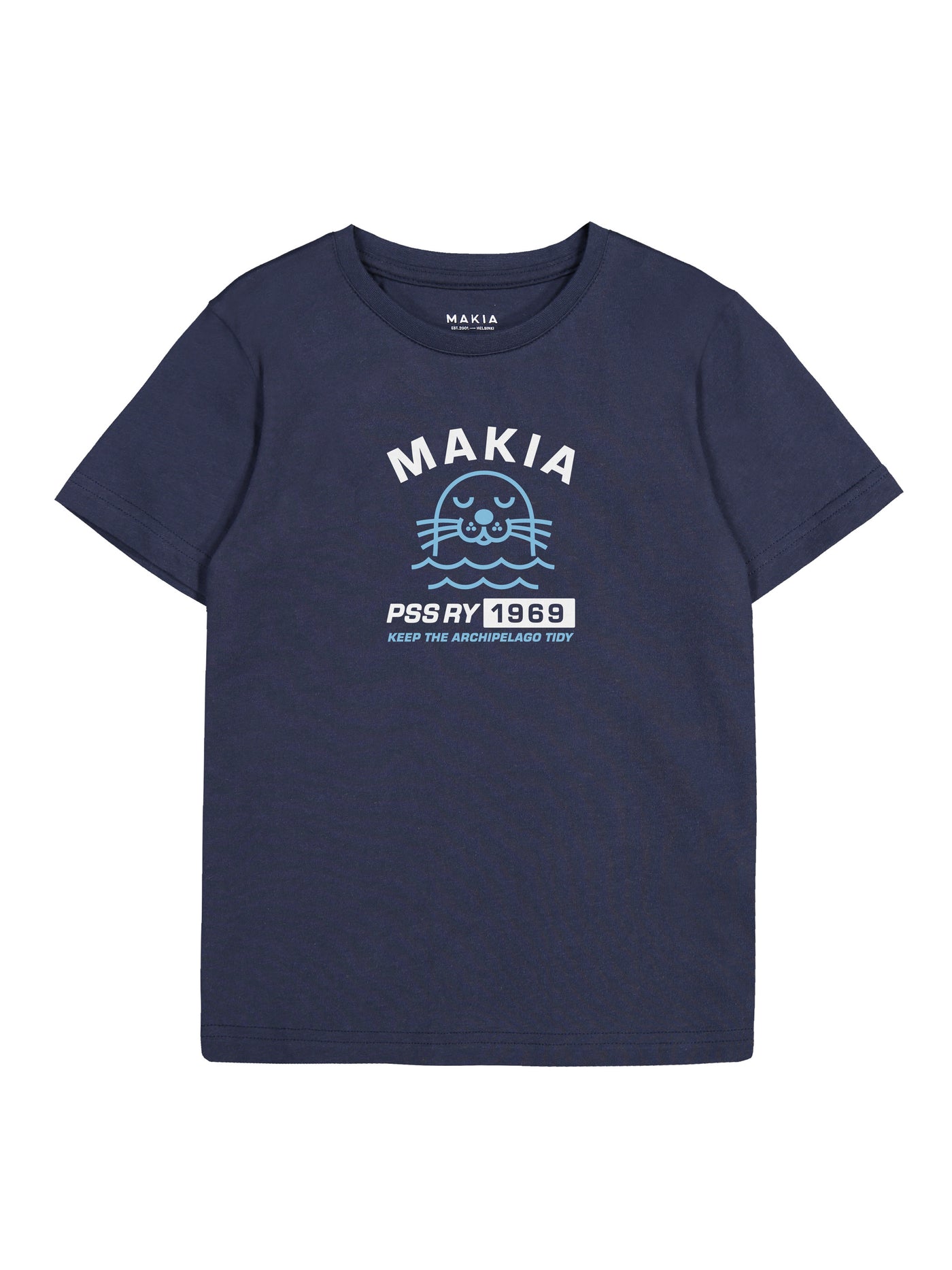 Makian lasten ja nuorten sininen Örö t-paita, jossa norppa-painatus