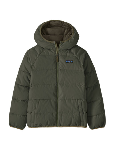 Patagonian lasten Cotton Down Jacket -untuvatakki Basin Green -sävyssä edestä kuvattuna