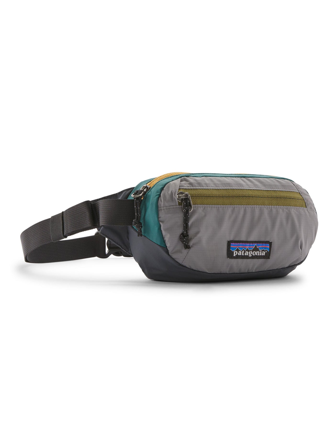 Patagonia Terravia minivyölaukku Patchwork Noble Grey. Sivulla näkyy kiinnityshihna.