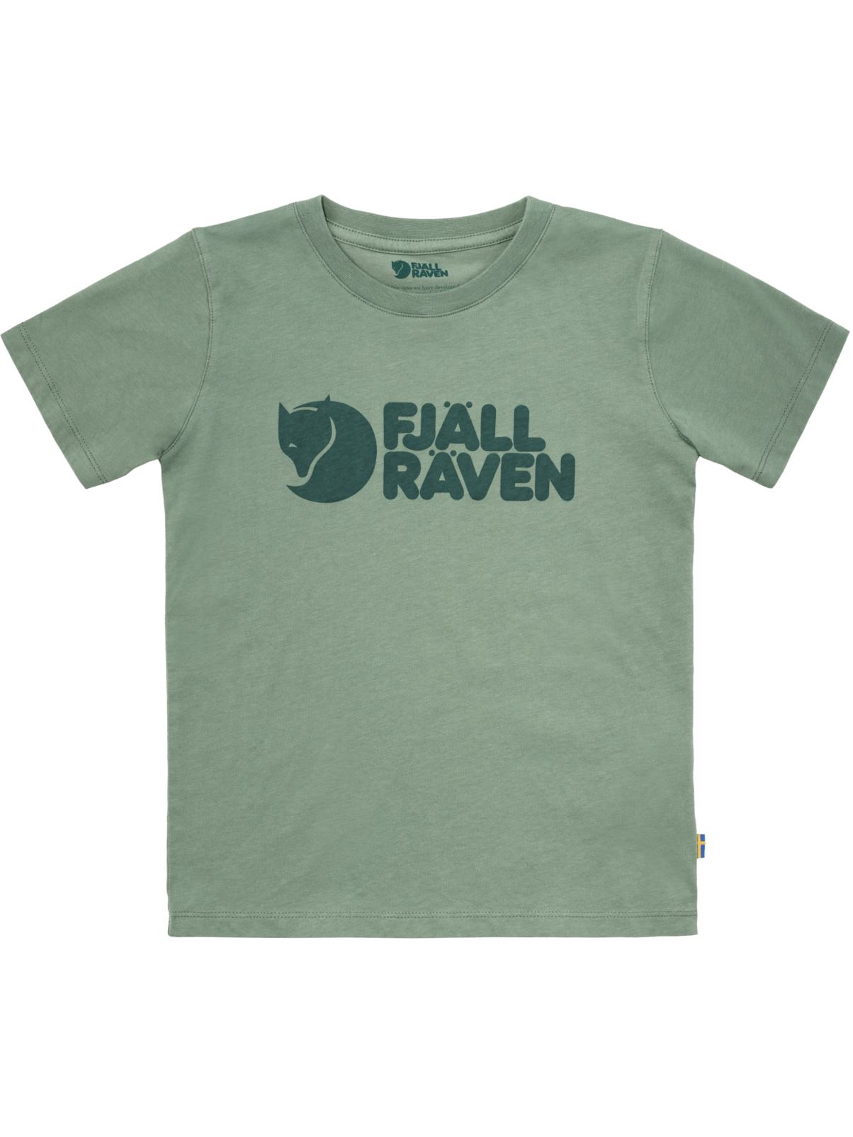 Fjällrävenin lasten ja nuorten Kid logo t-paita luomupuuvillaa värissä Patina Green edestä kuvattuna