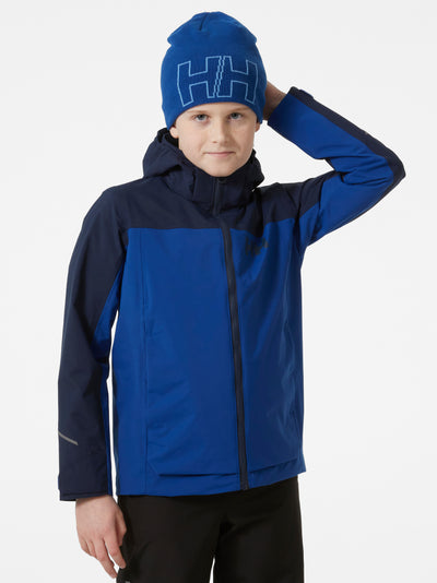 Helly Hansenin nuorten Sogndal takki värissä Deep Fjord pojan päällä