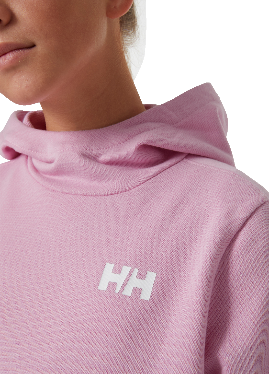 Helly Hansen Junior Active Hoodie vaaleanpunainen huppari värissä Pink Sorbet HH-logo lähikuva