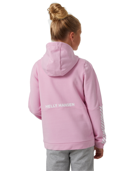Helly Hansen Junior Active Hoodie vaaleanpunainen huppari värissä Pink Sorbet takaa kuvattuna tytön päällä