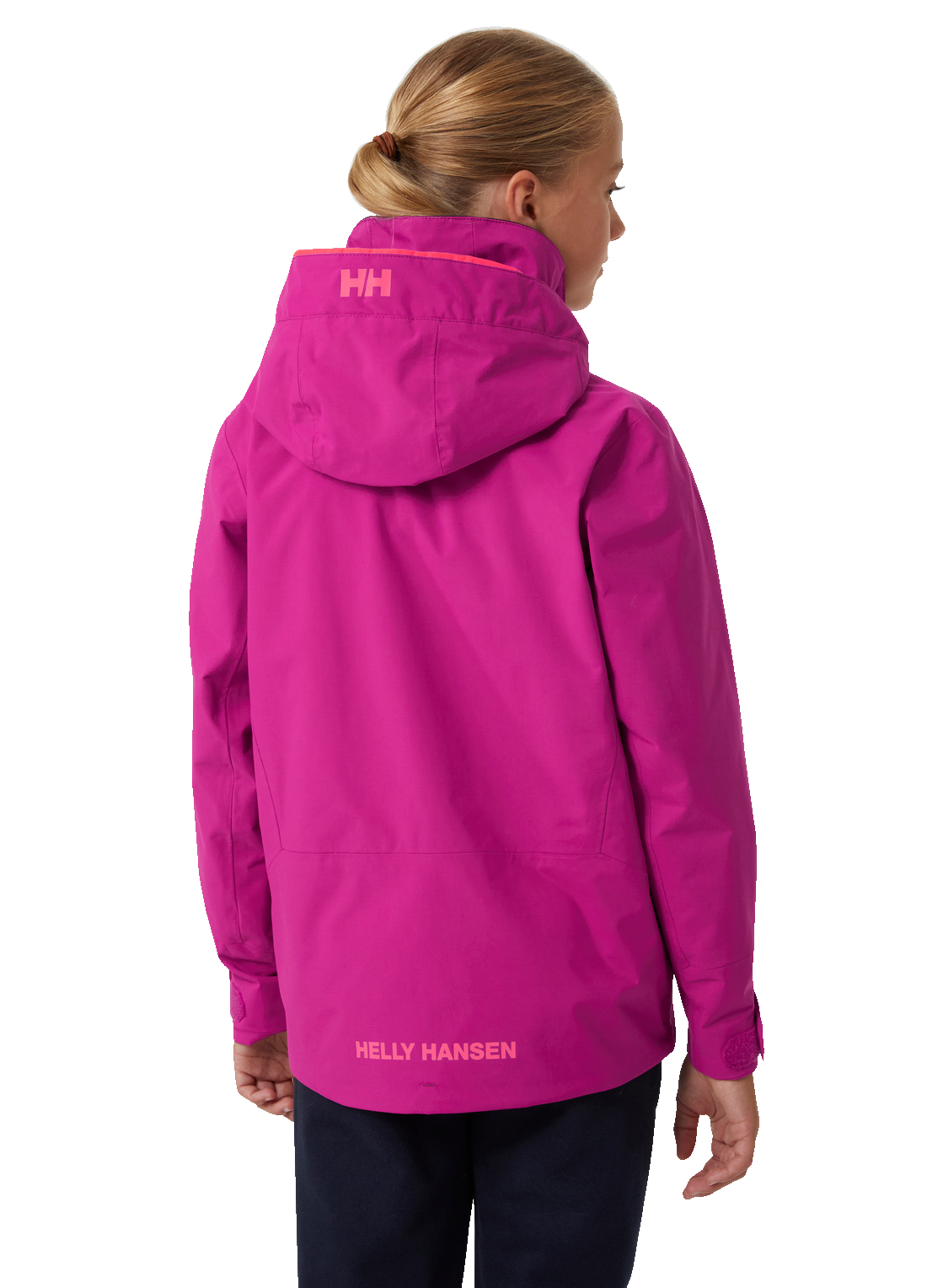 Helly Hansen Junior Border takki värissä Magenta tytön päällä takaa kuvattuna
