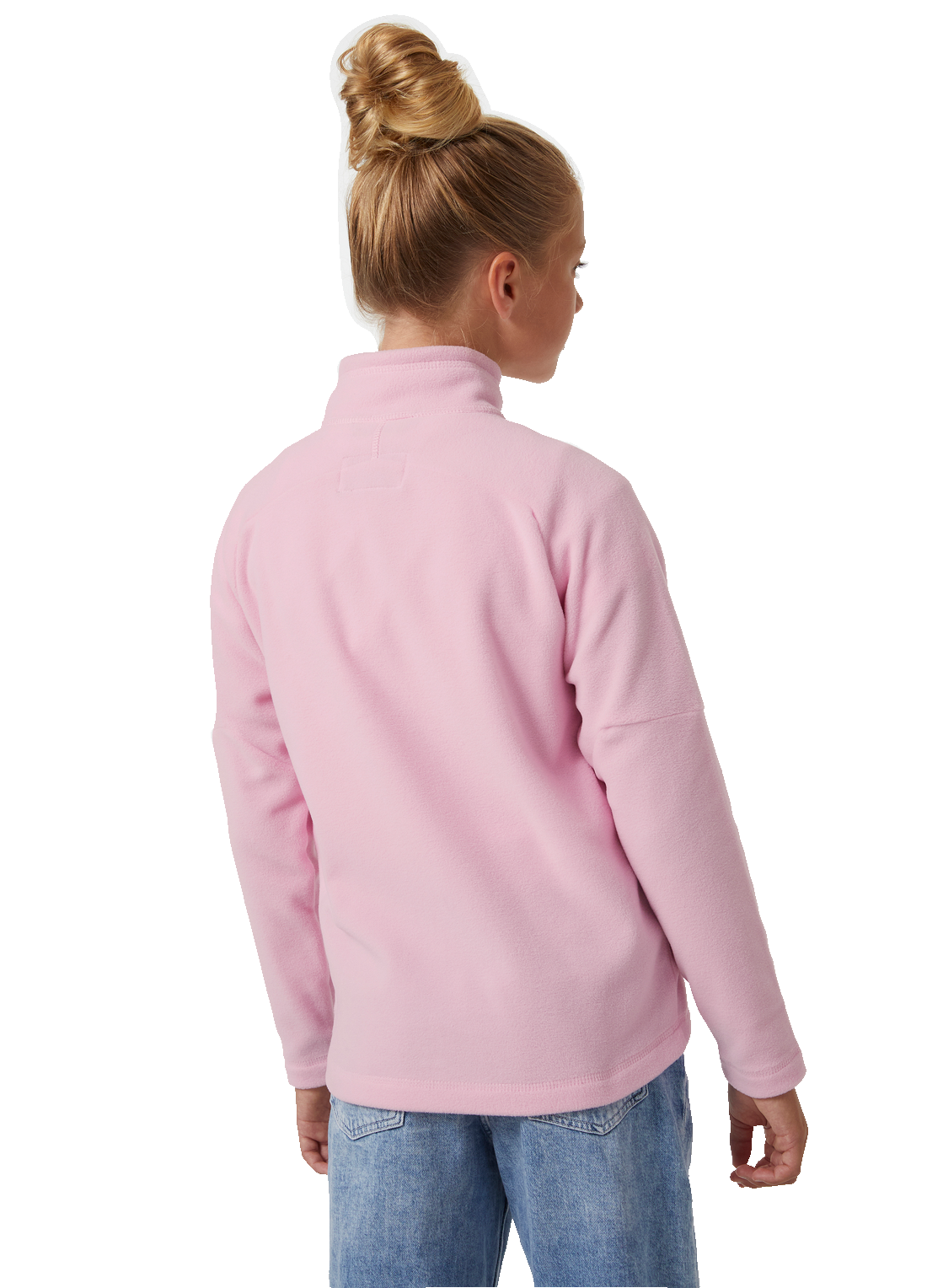 Helly Hansen Junior Daybreaker 2.0 fleecetakki värissä Pink Sorbet tytön päällä takaa kuvattuna