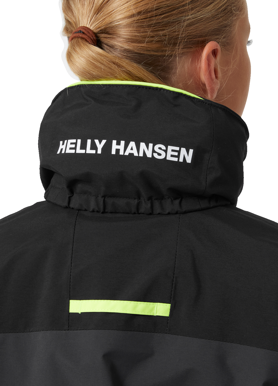 Helly Hansen Junior Salt Port 2.0 takki värissä Ebony tytön päällä lähikuva takaa päin kauluksesta