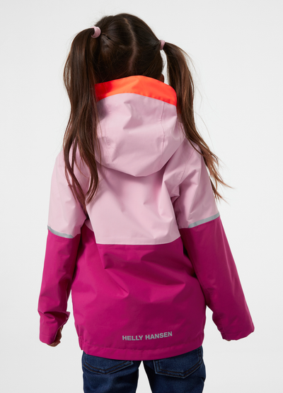 Helly Hansen K Sogn lasten takki värissä Pink Sorbet takaa kuvattuna tytön päällä