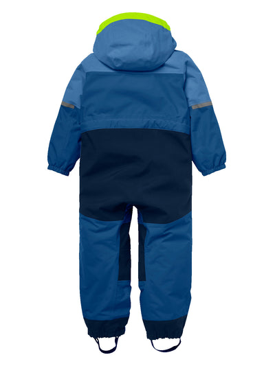 Helly Hansenin sininen lasten Storm Playsuit -välikausihaalari takaa kuvattuna, sävy Deep Fjord.
