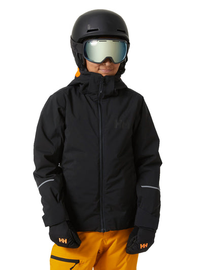 Helly Hansenin Juniors Quest Ski Jacket mustana lapsen päällä edestä kuvattuna