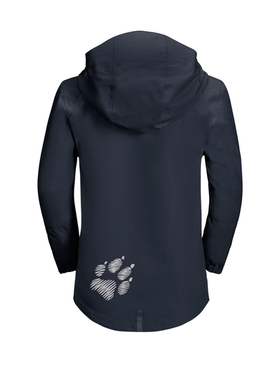 Jack Wolfskin tummansininen Tucan välikausitakki takaa kuvattuna. Helmassa on tassun kuva. 