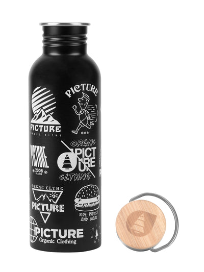 Picture Organicin Hampton juomapullo mustana valkoisilla kuvioilla ja korkki vieressä