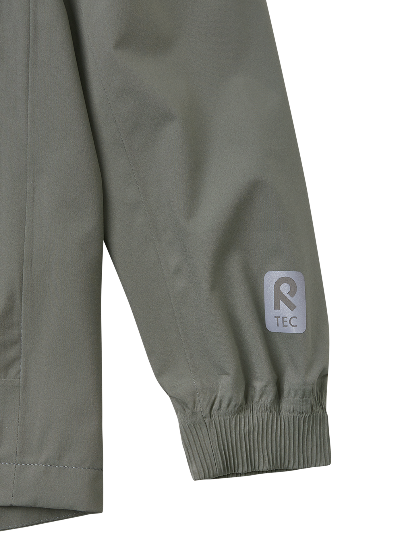 Reima Kumlinge Reimatec takki värissä greyish green lähikuva hihansuun heijastavasta logosta