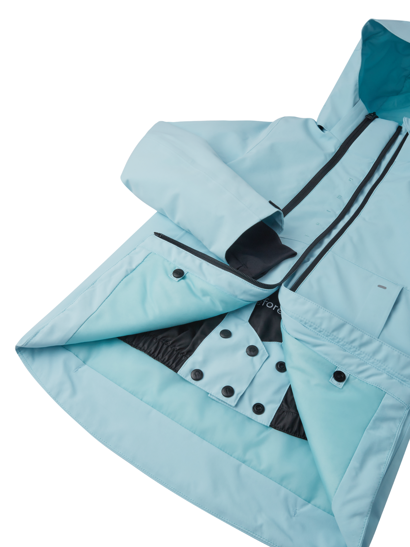 Reiman Reimatec Perille -laskettelutakki turkoosin sävyssä lähikuvassa takin etuosa ja lumipussi