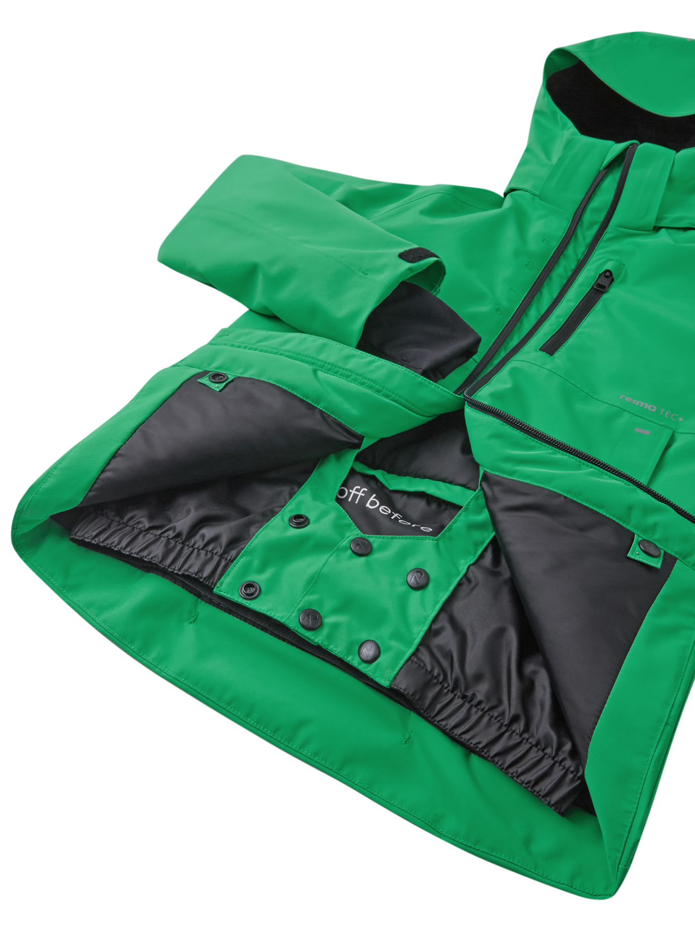 Reiman Reimatec Tieten -laskettelutakki vihreässä sävyssä lähikuvassa takin etuosa ja lumipussi