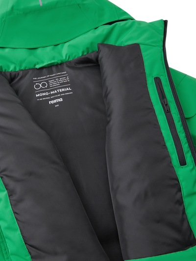 Reiman Reimatec Tieten -laskettelutakki vihreässä sävyssä lähikuvassa takin sisäosa