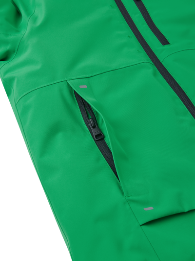 Reiman Reimatec Tieten -laskettelutakki vihreässä sävyssä lähikuvassa etustasku