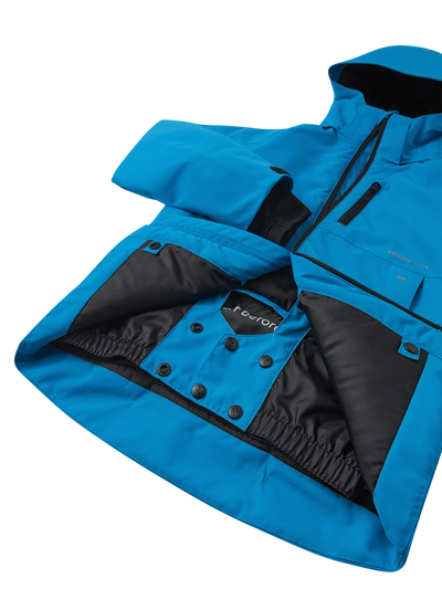 Sininen Reiman Reimatec Tieten -laskettelutakki kuva takin etuosasta ja lumipussista