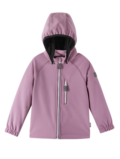 Reima Vantti lasten softshell takki huppu ylhäällä värissä Grey Pink