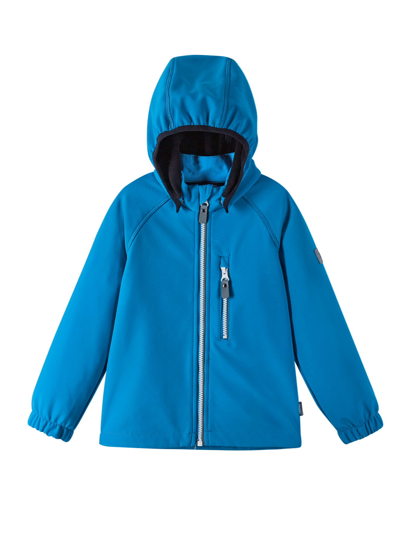Reima Vantti lasten softshell takki kuvattuna huppu ylhäällä värissä True Blue