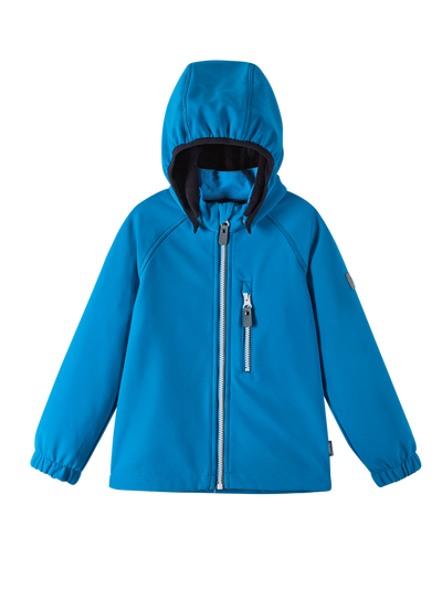 Reima Vantti lasten softshell takki kuvattuna huppu ylhäällä värissä True Blue